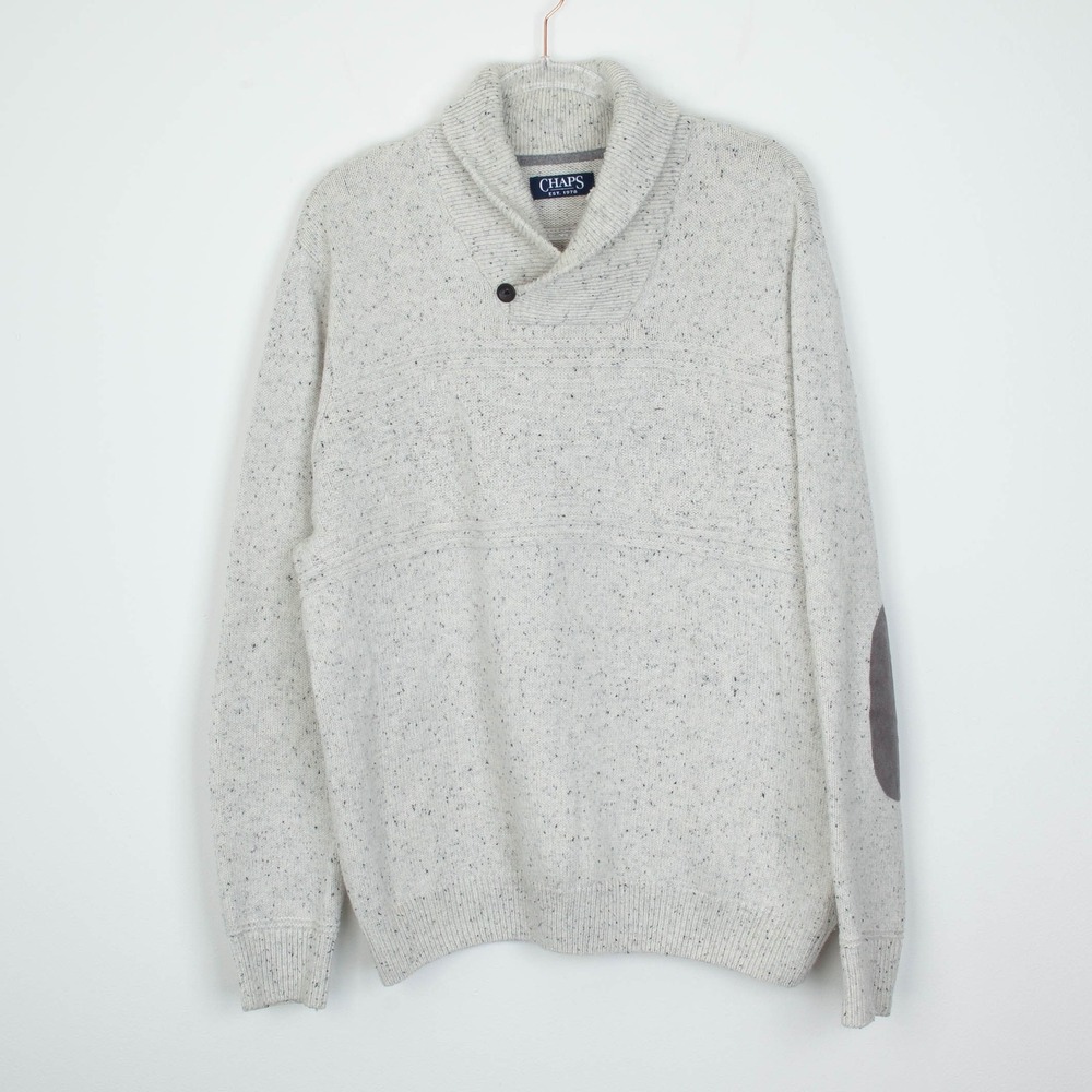 Chaps Mens Shawl Collar Speckled Knit Sweater XL Elbow Patches Fisherman Neutral